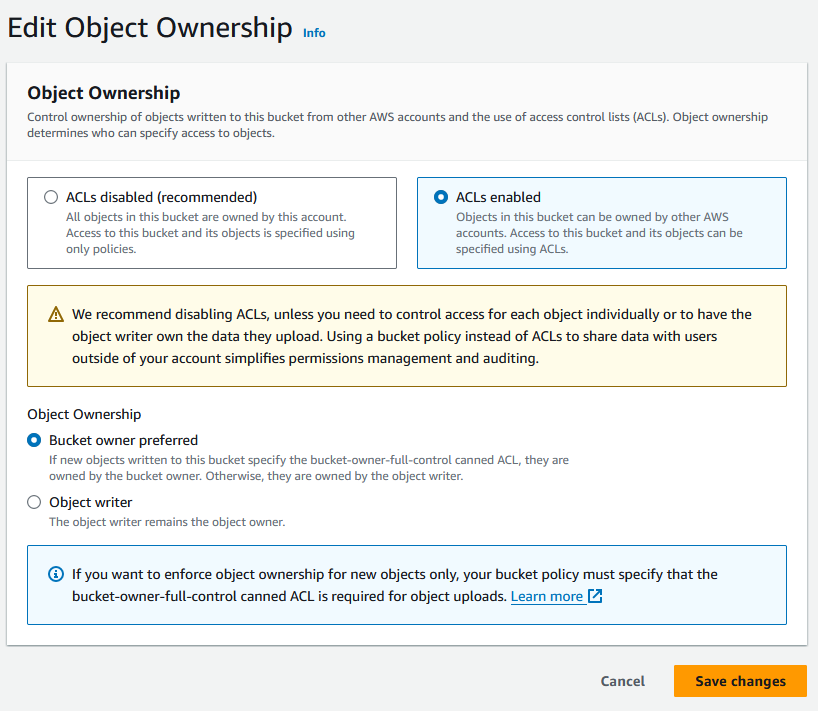 AWS S3 Storage enable ACL